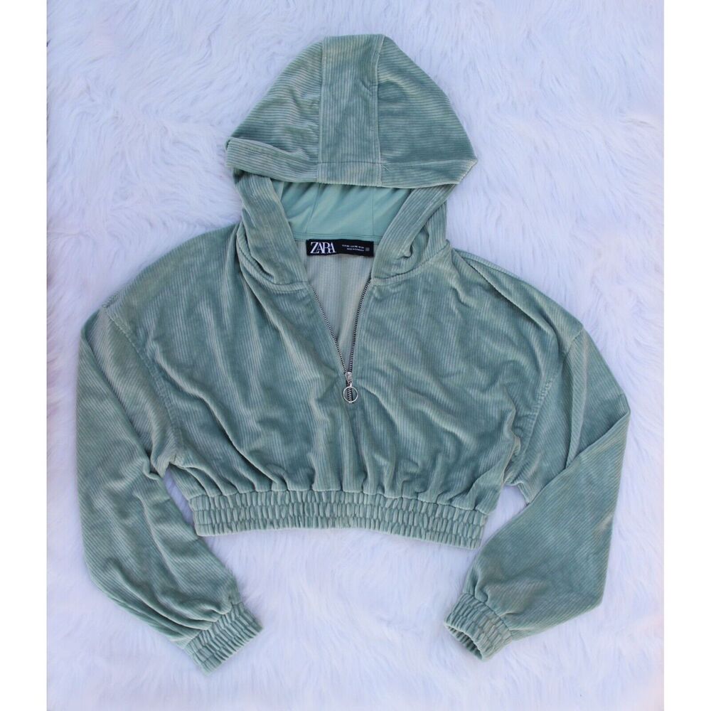 Zara Ribbed Corduroy Mint Green Cropped Hoodie Size S